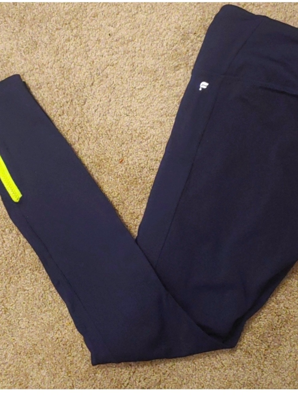 Fabletics Motion365 Navy Leggings with Neon Lime Zip Accent. NWT. Medium